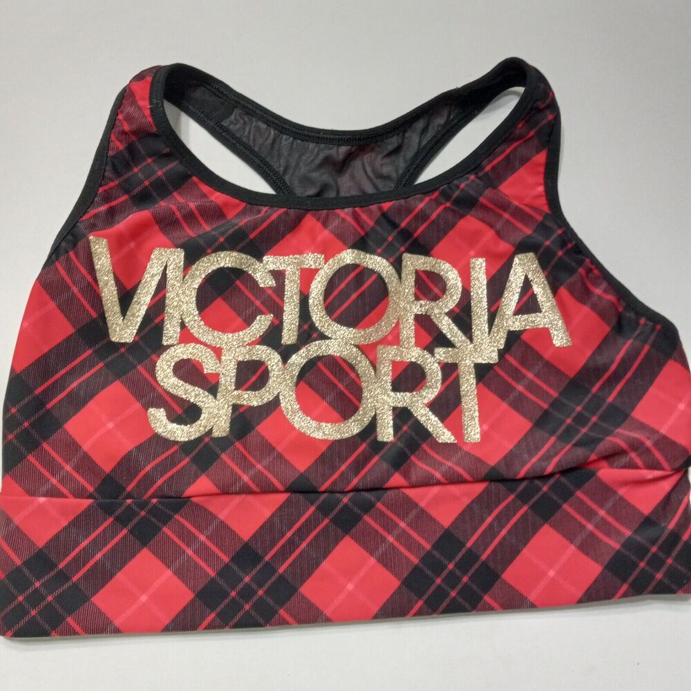 Victoria Sport Womens Med Bra Stretch Plaid Black Red 79% Polyamide 23% Elastane